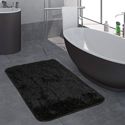 Paco Home Teppich Badezimmer Badezimmerteppich Badematte Badteppich Waschbar rutschfest Einfarbig Flauschig, Grösse:40x55 cm, Farbe:Schwarz von Paco Home