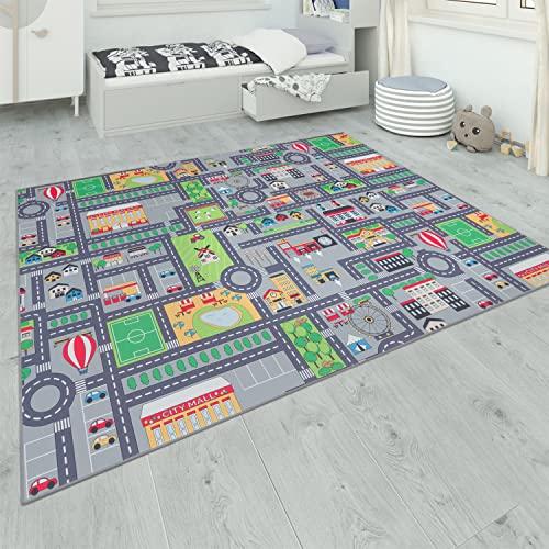 Paco Home Teppich Kinderzimmer Grau Kinderteppich Spielteppich Straßenteppich rutschfest Mädchen Jungs, Grösse:140x200 cm, Farbe:Grau 3 von Paco Home