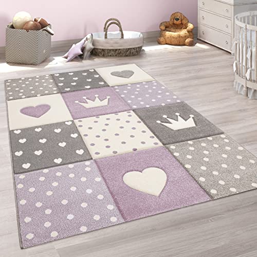 Paco Home Teppich Kinderzimmer Junge Mädchen Kinderteppich Spielteppich Kurzflor 3D Optik Pastell Punkte Herzen Krone, Grösse:80x150 cm von Paco Home