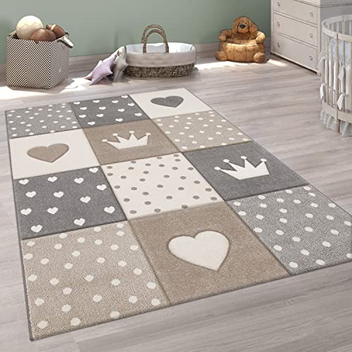 Paco Home Teppich Kinderzimmer Junge Mädchen Kinderteppich Spielteppich Kurzflor 3D Optik Pastell Punkte Herzen Krone, Grösse:200x290 cm, Farbe:Beige von Paco Home