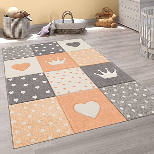 Paco Home Teppich Kinderzimmer Junge Mädchen Kinderteppich Spielteppich Kurzflor 3D Optik Pastell Punkte Herzen Krone, Grösse:80x150 cm, Farbe:Orange von Paco Home