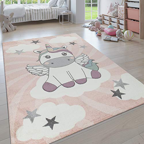 Paco Home Teppich Kinderzimmer Junge Mädchen Kinderteppich Spielteppich Kurzflor Regenbogen Bauernhof Einhorn Schmetterling Hase, Grösse:120x170 cm, Farbe:Pink 6 von Paco Home