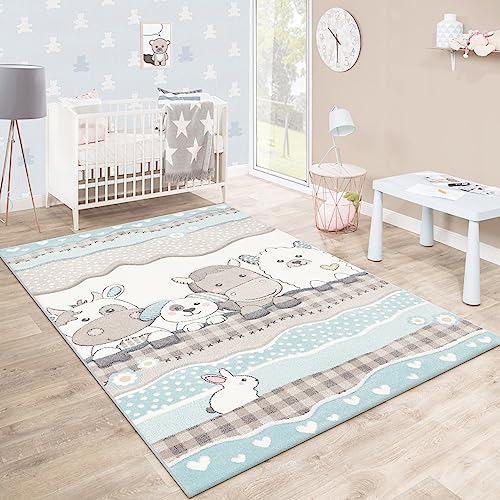 Paco Home Teppich Kinderzimmer Junge Mädchen Kinderteppich Spielteppich Kurzflor Regenbogen Bauernhof Einhorn Schmetterling Hase, Grösse:140x200 cm, Farbe:Beige von Paco Home