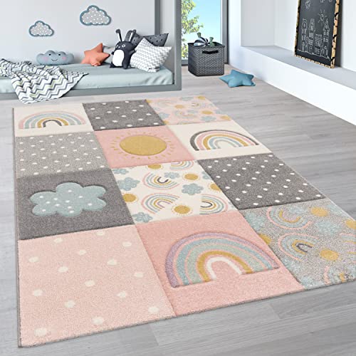 Paco Home Teppich Kinderzimmer Junge Mädchen Kinderteppich Spielteppich Kurzflor Regenbogen Modern 3D Pastell Sterne Berge Wolken, Grösse:120 cm Rund, Farbe:Bunt von Paco Home