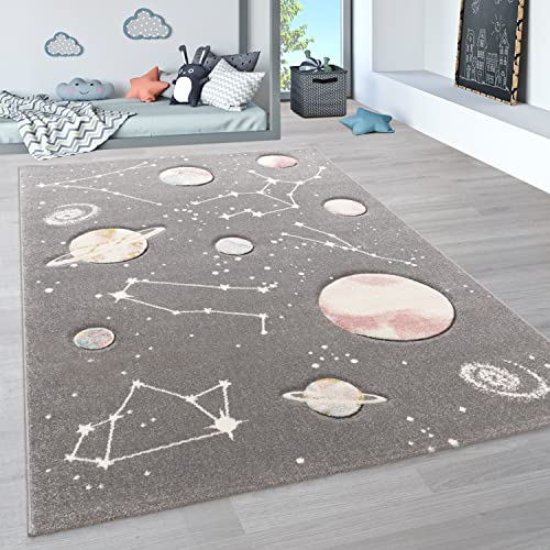 Paco Home Teppich Kinderzimmer Junge Mädchen Kinderteppich Spielteppich Kurzflor Regenbogen Modern 3D Pastell Sterne Berge Wolken, Grösse:120x170 cm, Farbe:Grau 3 von Paco Home