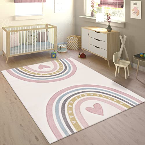 Paco Home Teppich Kinderzimmer Kinderteppich Junge Mädchen Pastell 3D Effekt Modern Regenbogen Herz Creme Rosa Grau, Grösse:140x200 cm von Paco Home