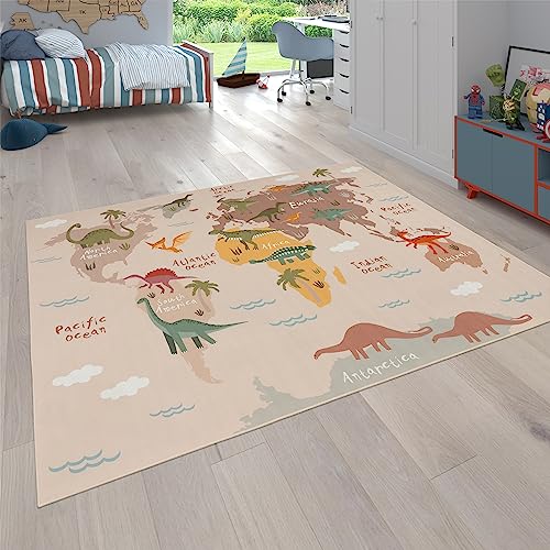 Paco Home Teppich Kinderzimmer Kinderteppich Junge Mädchen Spielteppich Dinosauriert Welt Motiv rutschfest Modern Beige Braun Grün, Grösse:240x340 cm von Paco Home