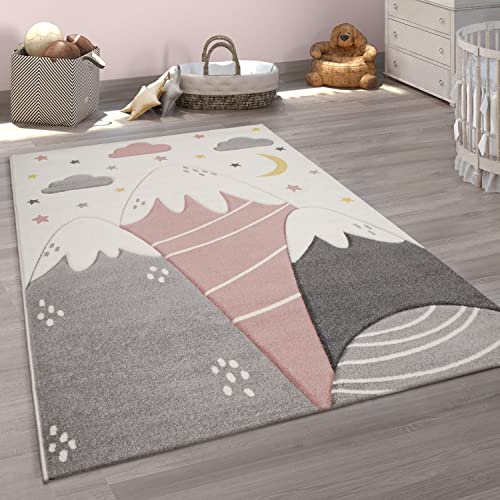 Paco Home Teppich Kinderzimmer Kinderteppich Spielteppich Junge Mädchen 3D Optik Modern Pastell Berge Wolken Sterne, Grösse:120x170 cm, Farbe:Pink von Paco Home