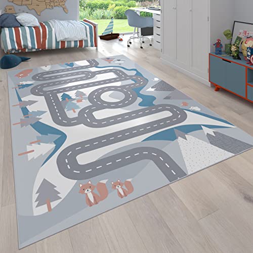 Paco Home Teppich Kinderzimmer Kinderteppich Spielteppich Junge Mädchen Tiere Straßen Muster rutschfest Creme Blau Grau, Grösse:140x200 cm von Paco Home