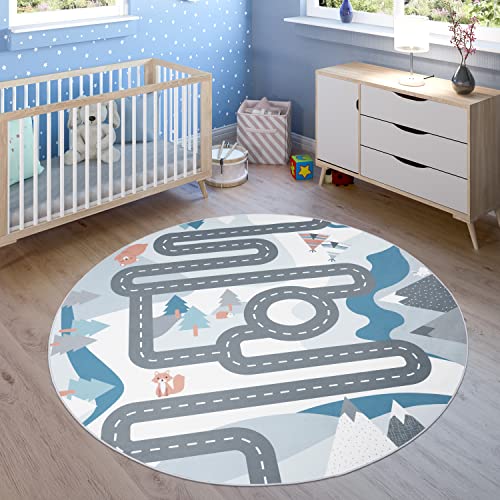 Paco Home Teppich Kinderzimmer Kinderteppich Spielteppich Junge Mädchen Tiere Straßen Muster rutschfest Creme Blau Grau, Grösse:Ø 200 cm Rund von Paco Home