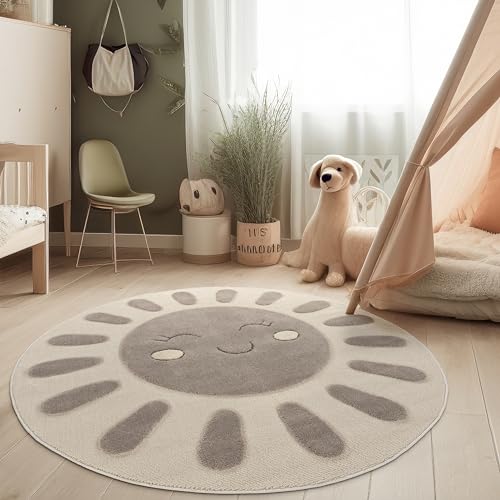 Paco Home Kinderzimmer Moderner Kinderteppich Robuster Spielteppich 3D-Effekt Naturtöne Weiche Schlingenstruktur Pflegeleichtes Sonnen-Motiv, Grösse:160 cm Rund, Farbe:Creme 3 von Paco Home
