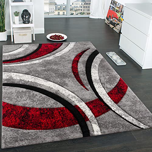 Paco Home Teppich Kurzflor Konturenschnitt Muster Gestreift Grau Schwarz Rot Meliert, Grösse:60x110 cm von Paco Home