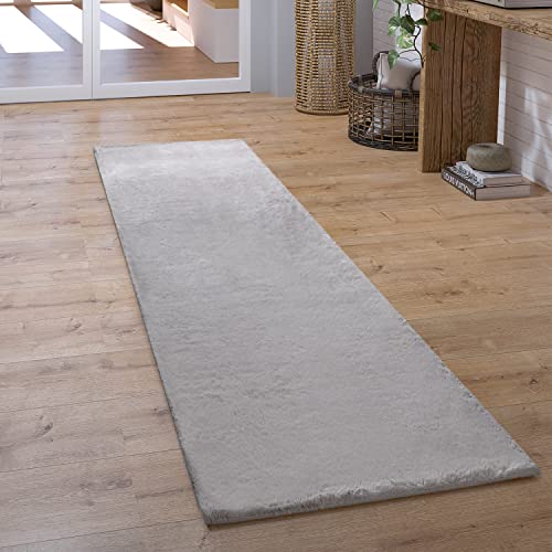 Paco Home Teppich Läufer Hochflor Wohnzimmer Flur Flauschig Schlafzimmer Fell Kunstfell Modern Fellimitat Einfarbig, Grösse:100x200 cm, Farbe:Grau von Paco Home