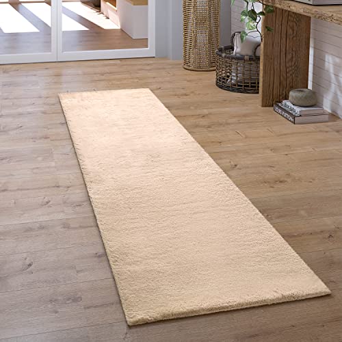 Paco Home Teppich Läufer Hochflor Wohnzimmer Flur Flauschig Schlafzimmer Fell Kunstfell Modern Fellimitat Einfarbig, Grösse:100x200 cm, Farbe:Sand von Paco Home