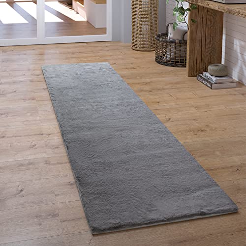 Paco Home Teppich Läufer Hochflor Wohnzimmer Flur Flauschig Schlafzimmer Fell Kunstfell Modern Fellimitat Einfarbig, Grösse:80x300 cm, Farbe:Anthrazit von Paco Home
