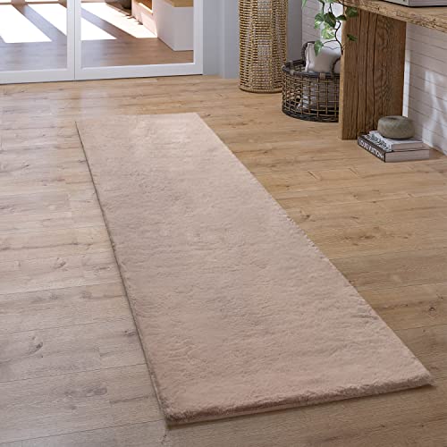 Paco Home Teppich Läufer Hochflor Wohnzimmer Flur Flauschig Schlafzimmer Fell Kunstfell Modern Fellimitat Einfarbig, Grösse:80x300 cm, Farbe:Beige von Paco Home