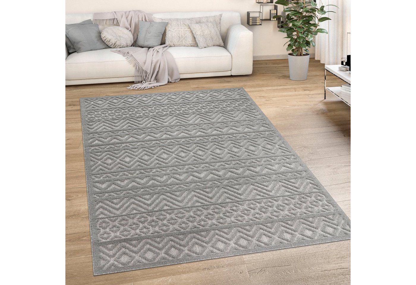 Paco Home Teppich Livorno 673, rechteckig, Höhe: 14 mm, Uni-Farben, Scandi, Rauten Muster, Hoch-Tief Effekt, Outdoor geeignet von Paco Home