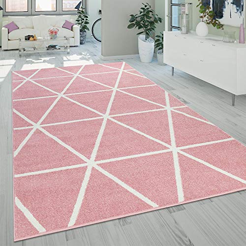 Paco Home Teppich Wohnzimmer Pastellfarben Rauten Design Skandi Muster Kurzflor Rosa Pink Weiß, Grösse:70x140 cm von Paco Home