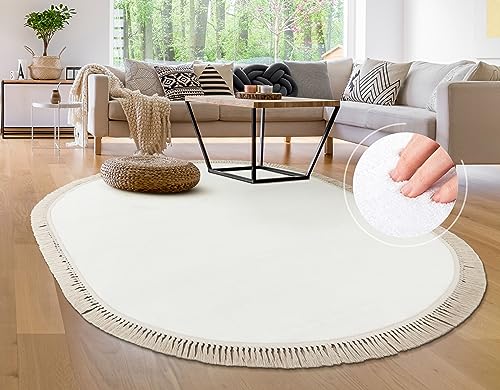 Paco Home Teppich Rund Wohnzimmer Kinderzimmer Hochflor rutschfest Einfarbiges Design Mit Fransen Weich Moderne Deko, Grösse:150x170 cm Oval, Farbe:Creme von Paco Home