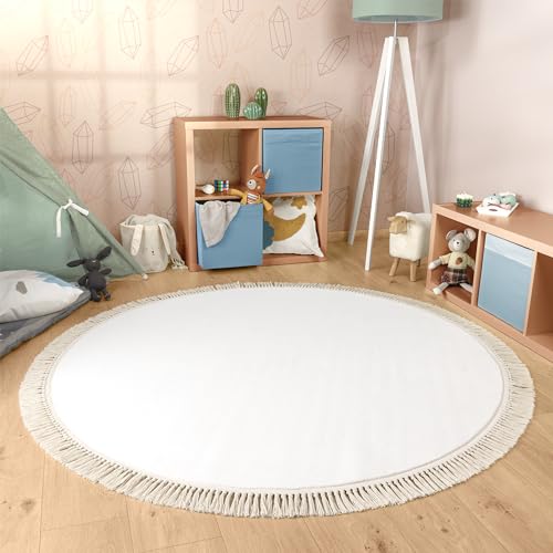 Paco Home Teppich Rund Wohnzimmer Kinderzimmer Hochflor rutschfest Einfarbiges Design Mit Fransen Weich Moderne Deko, Grösse:200 cm Rund, Farbe:Creme von Paco Home