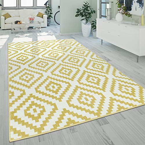 Paco Home Teppich Wohnzimmer, Flur Läufer in versch. Designs, Farben u. Größen, Kurzflor, Grösse:70x140 cm, Farbe:Gelb-Weiß von Paco Home