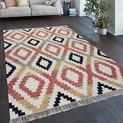 Paco Home Teppich Wohnzimmer Boho Fransen Handgewebt Wolle Baumwolle Rot Schwarz Gelb Creme, Grösse:200x300 cm von Paco Home
