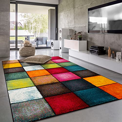 Paco Home Teppich Wohnzimmer Kinderzimmer Bunt Kurzflor Moderne 3D Optik Kariert Geometrische Muster, Grösse:200x290 cm, Farbe:Bunt 2 von Paco Home