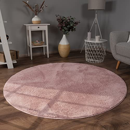 Paco Home Teppich Wohnzimmer Kunstfell weich waschbar modern elegant pflegeleicht Felloptik Uni Seidenglanz flauschig Kurzflor, Grösse:120 cm Rund, Farbe:Pink von Paco Home
