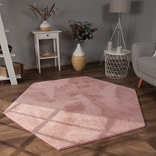 Paco Home Teppich Wohnzimmer Kunstfell weich waschbar modern elegant pflegeleicht Felloptik Uni Seidenglanz flauschig Kurzflor, Grösse:150x170 cm Sechseckig, Farbe:Pink von Paco Home