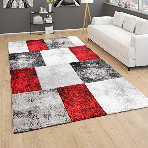 Paco Home Teppich Wohnzimmer Kurzflor 3D Effekt Modernes Rauten Karo Muster Grau Rot Weiß, Grösse:160x230 cm von Paco Home