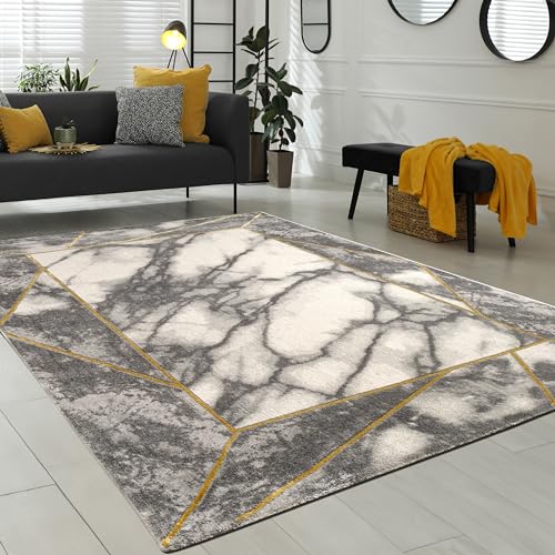 Paco Home Teppich Wohnzimmer Kurzflor Marmor Design Bordüre Geometrisch Grau Gold, Grösse:120 cm Rund von Paco Home