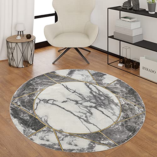 Paco Home Teppich Wohnzimmer Kurzflor Marmor Design Bordüre Geometrisch Grau Gold, Grösse:120 cm Rund von Paco Home
