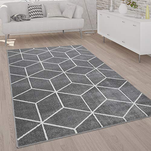 Paco Home Teppich Wohnzimmer Kurzflor Moderner Skandinavischer Stil Rauten Muster Grau Weiß, Grösse:160x220 cm, Farbe:Grau von Paco Home