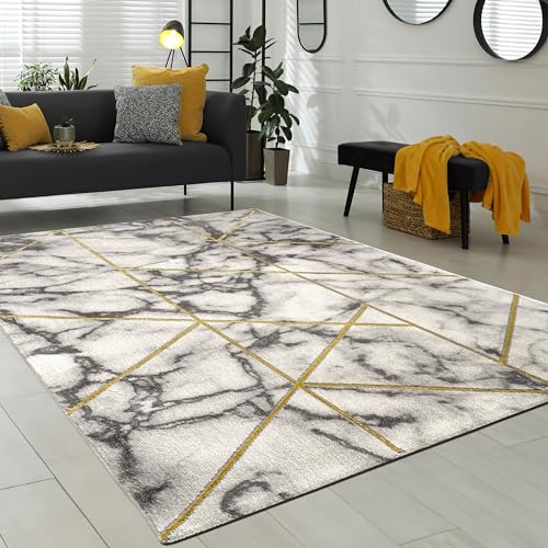 Paco Home Teppich Wohnzimmer Kurzflor Modernes Marmor Design Geometrisch Grau Gold, Grösse:160x230 cm von Paco Home