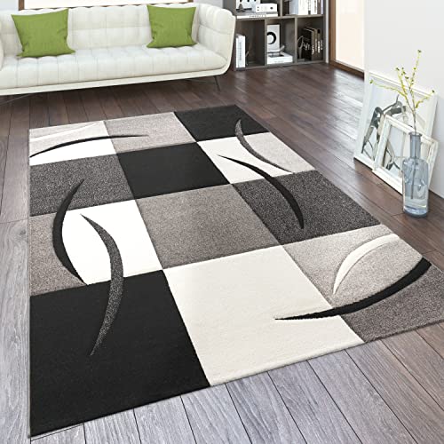 Paco Home Teppich Wohnzimmer Kurzflor Schlafzimmer Modern Geometrisches Muster Kariert Meliert, Grösse:300x400 cm, Farbe:Schwarz Weiß von Paco Home