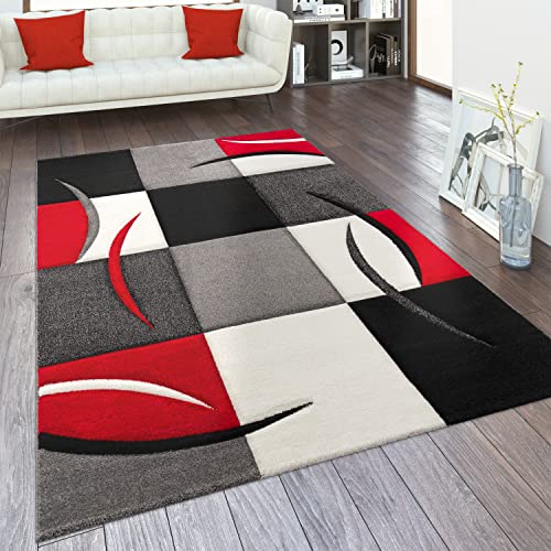 Paco Home Teppich Wohnzimmer Kurzflor Schlafzimmer Modern Geometrisches Muster Kariert Meliert, Grösse:80x300 cm, Farbe:Rot von Paco Home