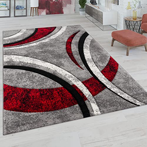 Paco Home Teppich Wohnzimmer Kurzflor Vintage Handgearbeiteter Konturenschnitt 3D Optik, Grösse:160x230 cm, Farbe:Grau-Rot von Paco Home