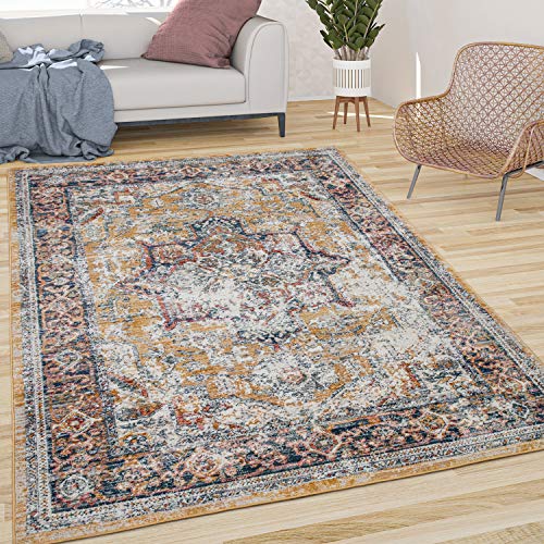 Paco Home Teppich Wohnzimmer Kurzflor Vintage Orient Muster Ornamente Mit Bordüre Gelb Blau, Grösse:60x100 cm von Paco Home