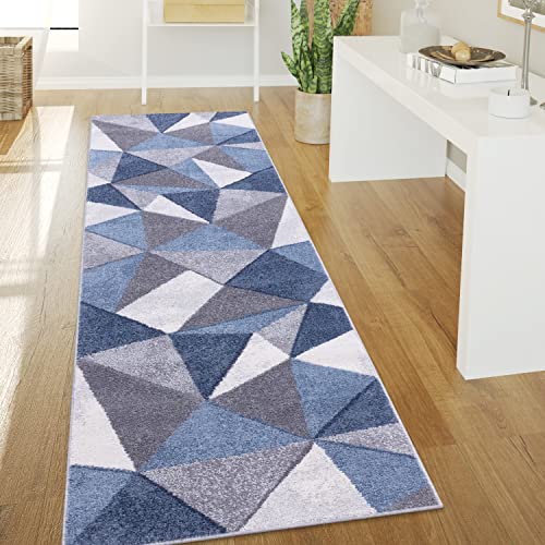 Paco Home Teppich Wohnzimmer Kurzflor Vintage Stil Abstrakt Modernes Geometrisches Rautenmuster Design, Grösse:80x300 cm, Farbe:Blau von Paco Home