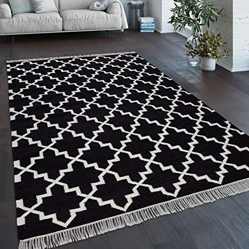 Paco Home Teppich Wohnzimmer Marokkanisches Muster Fransen Handgewebt Wolle Schwarz Weiß, Grösse:140x200 cm von Paco Home