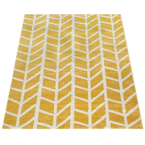 Paco Home Teppich Wohnzimmer Muster Geometrisch Modern Kurzflor Streifen In Gelb Weiß, Grösse:80x300 cm von Paco Home