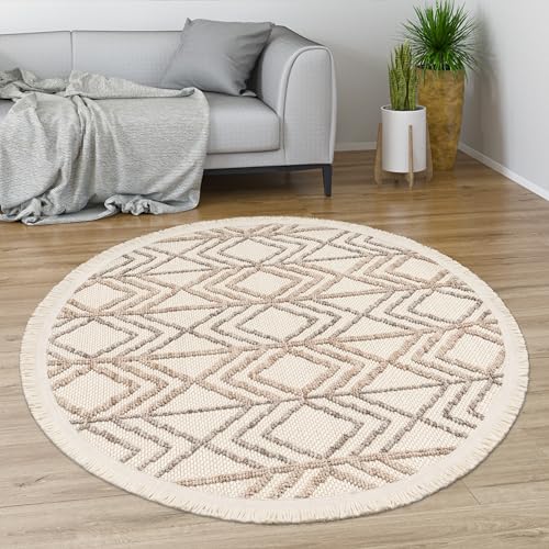 Paco Home Teppich Wohnzimmer Schlafzimmer Geometrisches Ethno Design Rauten Motiv Fransen Moderner Style, Grösse:120 cm Rund, Farbe:Creme 3 von Paco Home