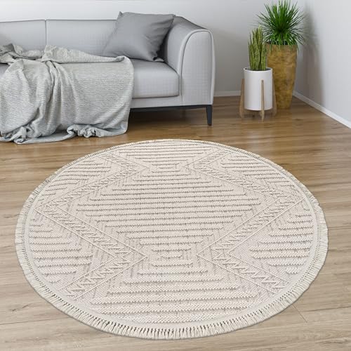 Paco Home Teppich Wohnzimmer Schlafzimmer Geometrisches Ethno Design Rauten Motiv Fransen Moderner Style, Grösse:160 cm Rund, Farbe:Creme 6 von Paco Home