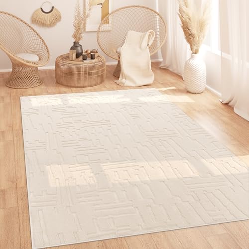 Paco Home Teppich Wohnzimmer Schlafzimmer Hochflor Skandinavisch Boho Optik Geometrisch Abstrakt Einfarbig Waschbar 3D Creme, Grösse:240x340 cm von Paco Home