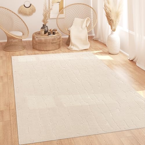 Paco Home Teppich Wohnzimmer Schlafzimmer Hochflor Skandinavisches Design Einfarbig Boho Stil Abstrakt 3D Flauschig Waschbar Deko Creme, Grösse:80x150 cm von Paco Home