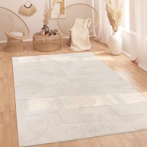 Paco Home Teppich Wohnzimmer Schlafzimmer Hochflor Skandinavisches Muster Boho Abstrakt Weich Einfarbig 3D Waschbar Beige Creme, Grösse:240x340 cm von Paco Home