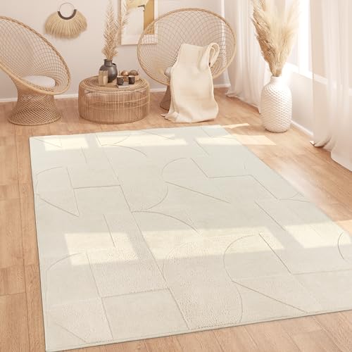 Paco Home Teppich Wohnzimmer Schlafzimmer Hochflor Skandinavisches Muster Boho Optik Weich Uni 3D Optik Abstrakt Waschbar Creme, Grösse:120x160 cm von Paco Home