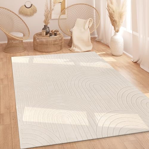 Paco Home Teppich Wohnzimmer Schlafzimmer Hochflor Weich Uni Skandinavisch Boho Motiv 3D Optik Regenbogen Waschbar Creme, Grösse:200x280 cm von Paco Home
