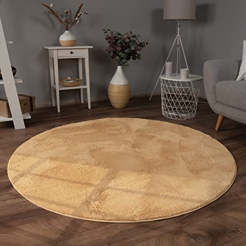 Paco Home Teppich Wohnzimmer Schlafzimmer Kunstfell Shaggy Hochflor Waschbar In Waschmaschine Flauschig Soft Einfarbig Gelb, Grösse:160 cm Rund von Paco Home