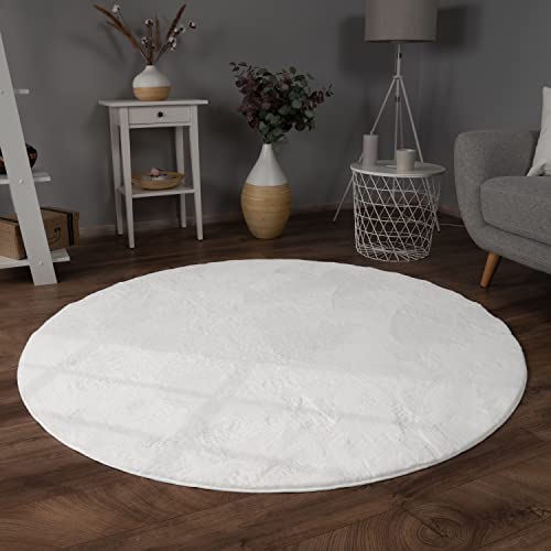 Paco Home Teppich Wohnzimmer Schlafzimmer Kunstfell Shaggy Hochflor Waschbar In Waschmaschine Flauschig Soft Einfarbig Weiß, Grösse:Ø 80 cm Rund von Paco Home